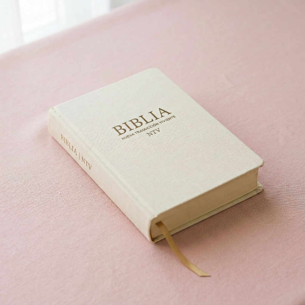 White Spanish Bible titled Biblia Nueva Traducción Viviente NTV on pink fabric